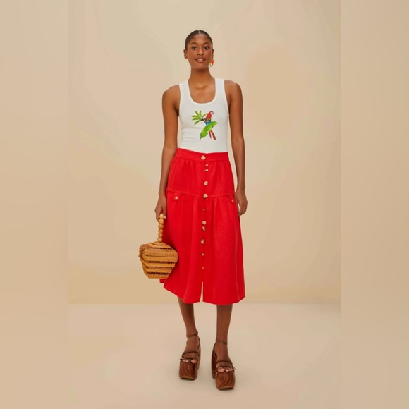 FARM Rio Dresses & Skirts - FARM RIO Red Mixed Buttons Euroflax™ Premium Linen Midi Skirt